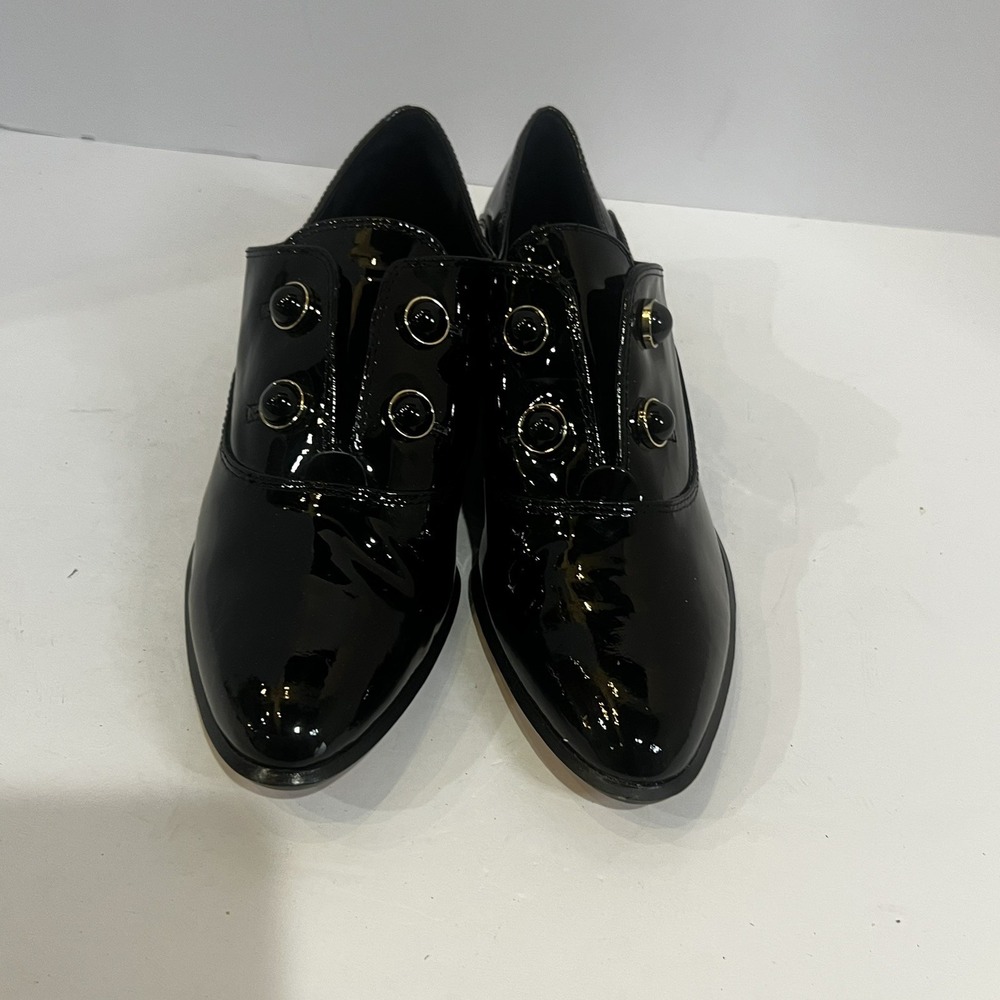 Antonio Melani Loafers Black Patent Leather Round Toe Block Heel Shoes Size 6.5
